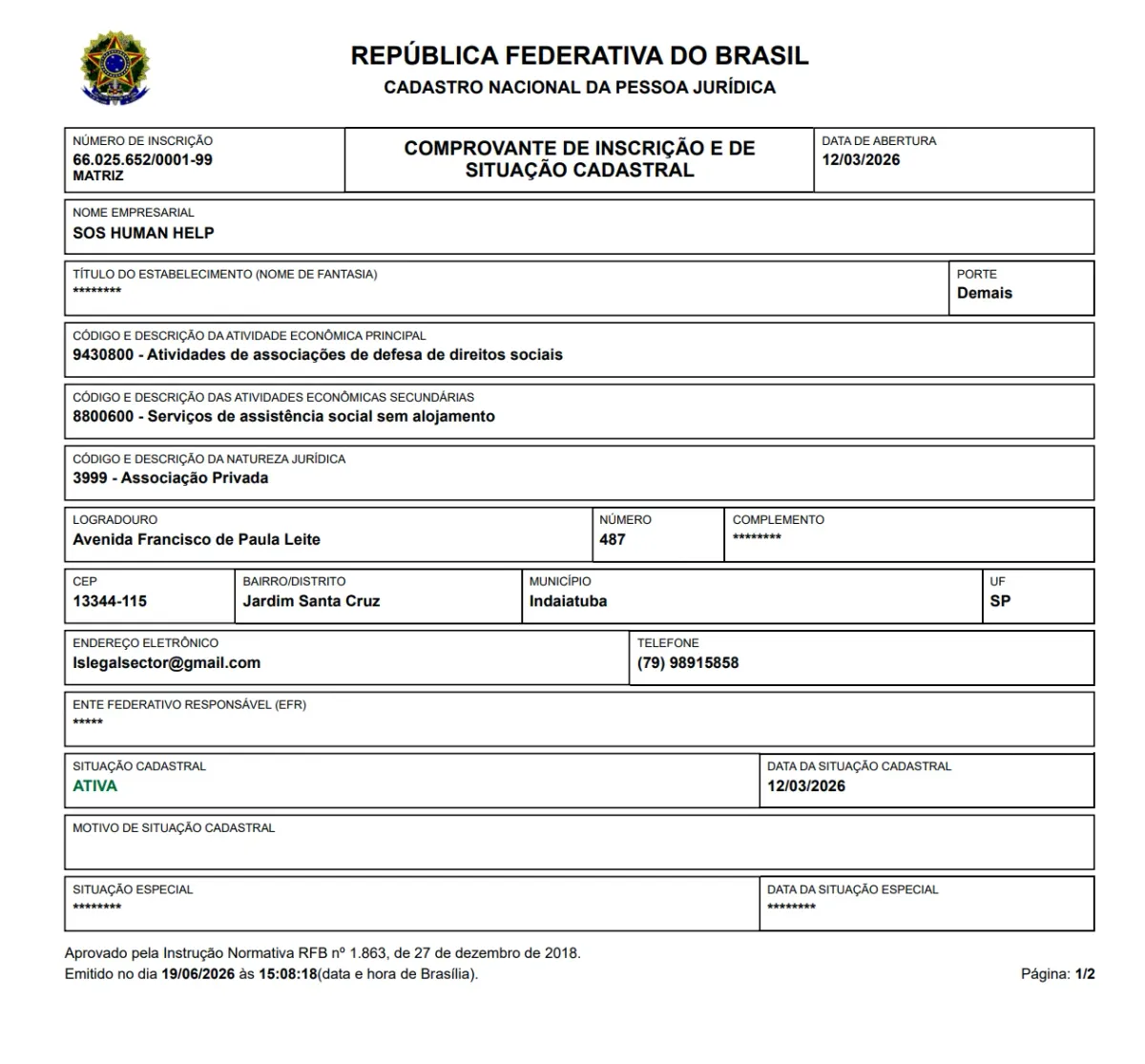 Comprovante de Inscrição e de Situação Cadastral da SOS HUMAN HELP, CNPJ 66.025.652/0001-99, situação cadastral ATIVA
